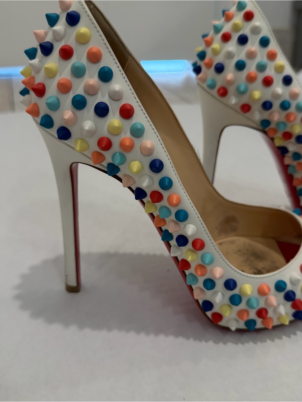 Christian Louboutin White Pigelle Spiked Peep Toe studded heels - Picture 5 of 8